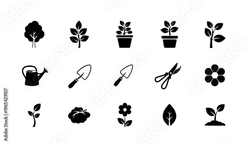 A collection of black silhouette gardening icons including plants flowers tools and accessories on a white background