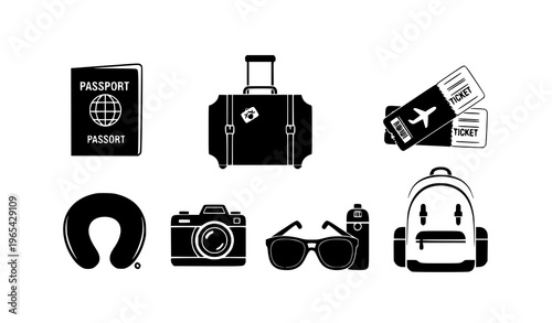 A vector graphic illustration of various travel related icons on a white background including a passport suitcase tickets headphones camera sunglasses and backpack