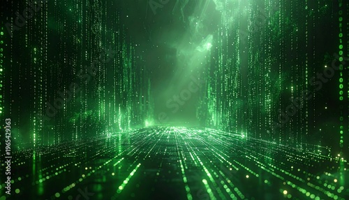 Abstract Green Digital Rain Tunnel With Glowing Particles and Data Streams