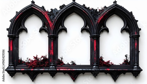 Gothic Style Triple Archway Frame with Red Accents on White Background