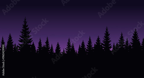 Dark coniferous forest silhouette against a vibrant purple night sky, conveying a sense of mystery and the beauty of nature