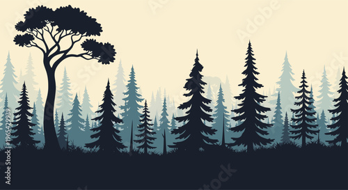 Silhouette of a serene forest landscape with tall pine trees under a dusky sky and a lone tree in the foreground, conveying tranquility and nature's beauty