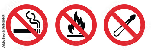 No Smoking And No Open Flame Sign Set, Red Circle With Slash Fire And Cigarette Symbols, Safety Warning Icons For Flammable Areas, Workplace Safety, Fire Hazard Prevention