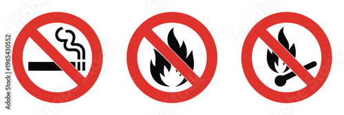 No Smoking And No Open Flame Sign Set, Red Prohibition Fire Symbols In Minimal Style, Safety Warning Icons For Hazardous Areas, Industrial Sites, Public Spaces, And Fire Prevention Awareness