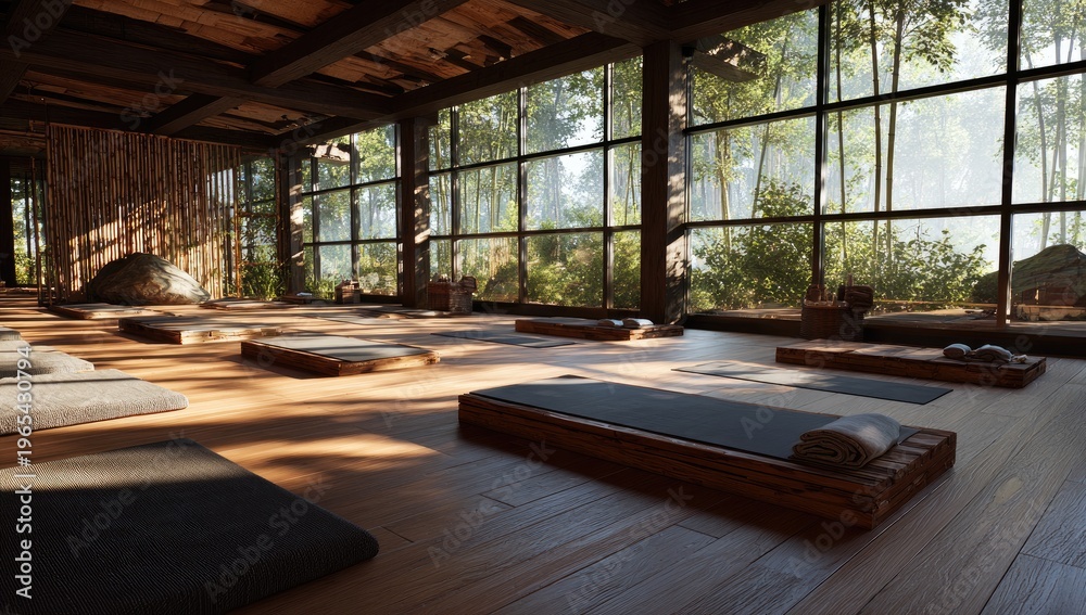 Fototapeta premium Serene wooden room with mats and large windows overlooking forest