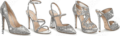 Woman crystal modern high heels shoe vector art with whi