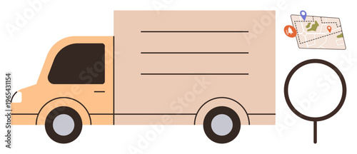 Logistics services, delivery tracking, transportation planning, route navigation, shipping solutions, business tools. Beige truck, map with location pins magnifying glass. Logistics and delivery