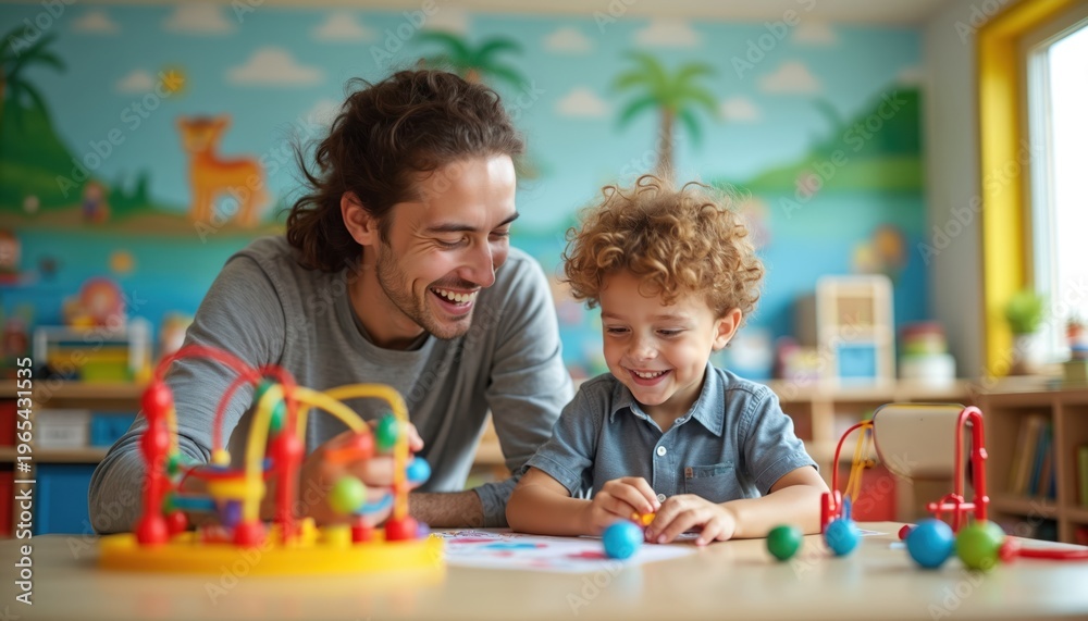 Obraz premium Smiling teacher and young boy with curly hair play with colorful educational toys at a table. They are in a bright decorated classroom, learning and developing new skills together.