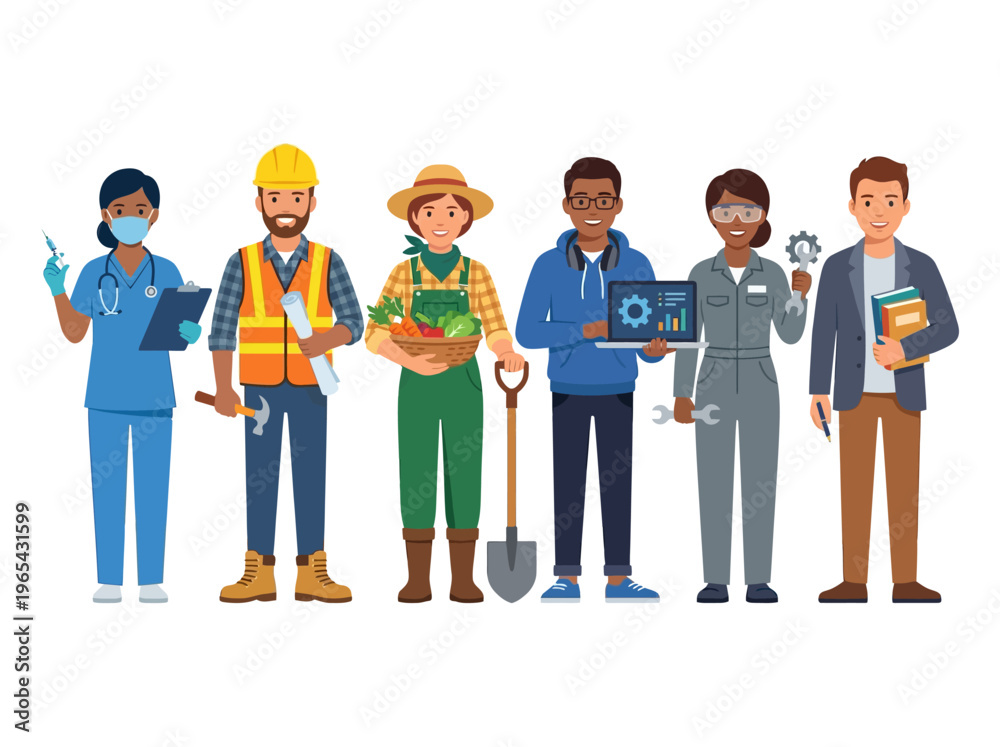 Obraz premium Diverse group of professional workers standing together, showcasing various global occupations in a modern flat vector illustration style.