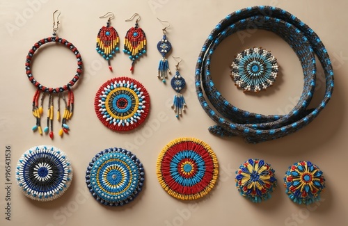 Beaded jewelry collection with native american inspired circular medallions earrings and beaded necklaces. Crafts include intricate beadwork colorful patterns and textile elements.