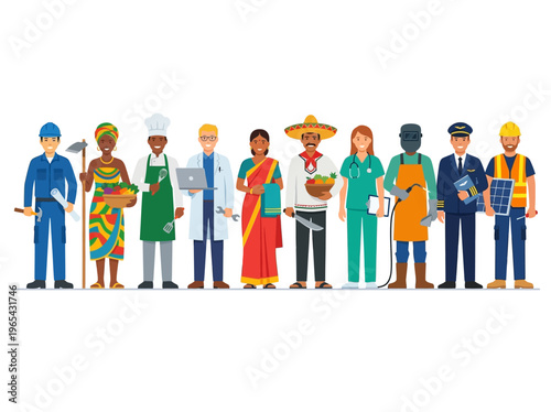Flat vector illustration of a diverse global community of multi-ethnic workers standing together, representing various occupations.