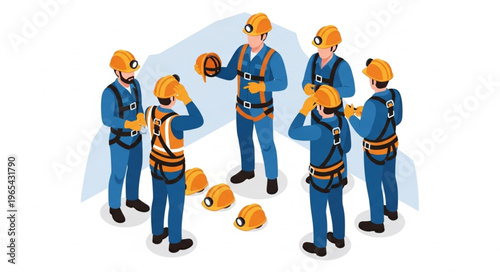 Safety briefing with construction workers wearing safety gear.