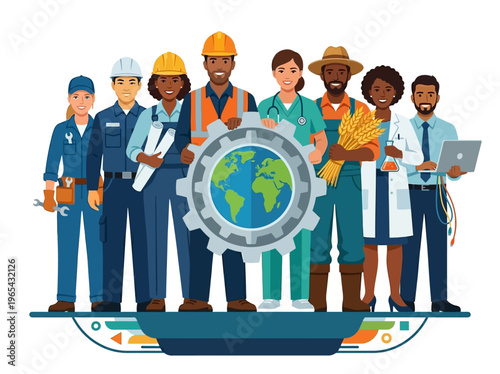 Diverse global professionals united: essential workers representing worldwide industry and collaboration in a flat vector illustration.