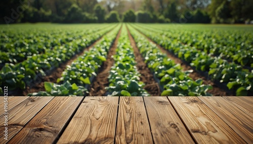 A serene landscape of a lush green field with rows of crops growing in the soil, surrounded by trees and a wooden deck in the foreground.