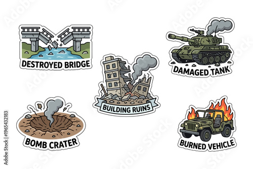 War zone destruction, military vehicles and infrastructure stickers set for war and conflict themes isolated vector