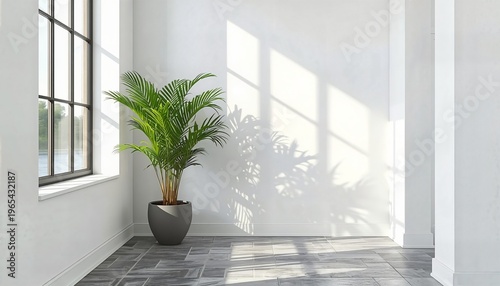 A potted plant sits in a bright and airy room with large windows and a tiled floor.