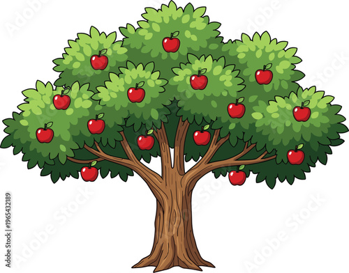 Cartoon apple tree with lush green foliage and red apples, nature agriculture concept, fruit harvest illustration for education, farming, gardening, healthy lifestyle design