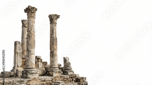 Ancient Ruins With Corinthian Columns at an Archaeological Temple Site on White Background
