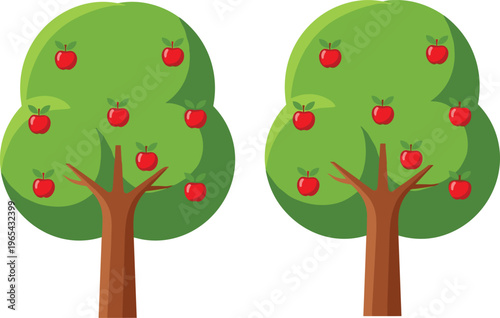 Cartoon apple trees with red fruits for counting, educational comparison, math exercises, children learning, fruit harvest, nature illustration, classroom teaching resource