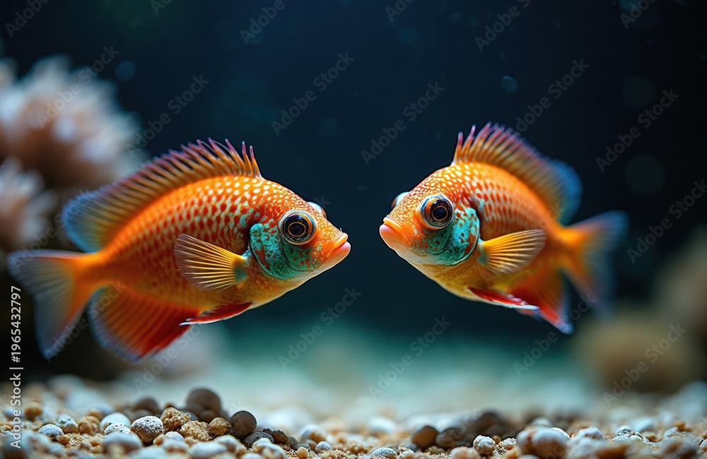 Fototapeta premium Two bright orange mandarin fish with blue spots swim near coral. Tiny fish with vibrant colours look at each other underwater. Marine life in shallow ocean water, natural world.