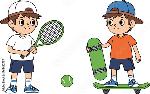 Cartoon boys playing outdoor sports, tennis and skateboarding activity illustration, children recreation concept, healthy lifestyle, fun physical exercise vector art isolated on white background