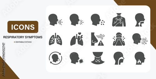 Respiratory Symptom Icon Set – Vector Collection of Cough, Chest Irritation, Throat Problems, Breathing Issues & Cold Symptoms