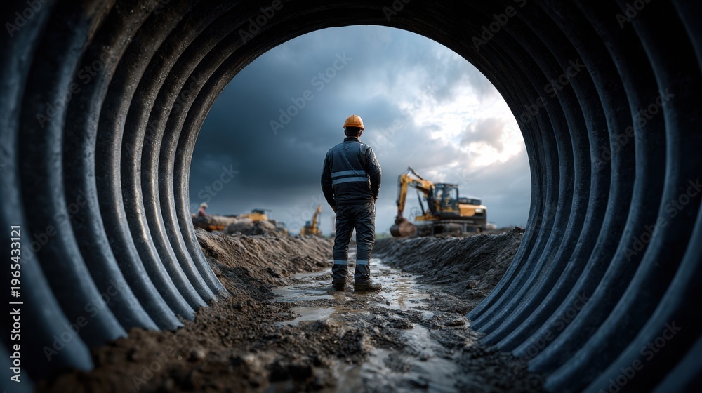 Fototapeta premium Construction worker inside a large drainage pipe with machinery in the distance under a dramatic cloudy sky.