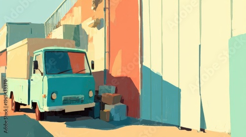 Blue delivery truck parked beside building in urban setting during daylight