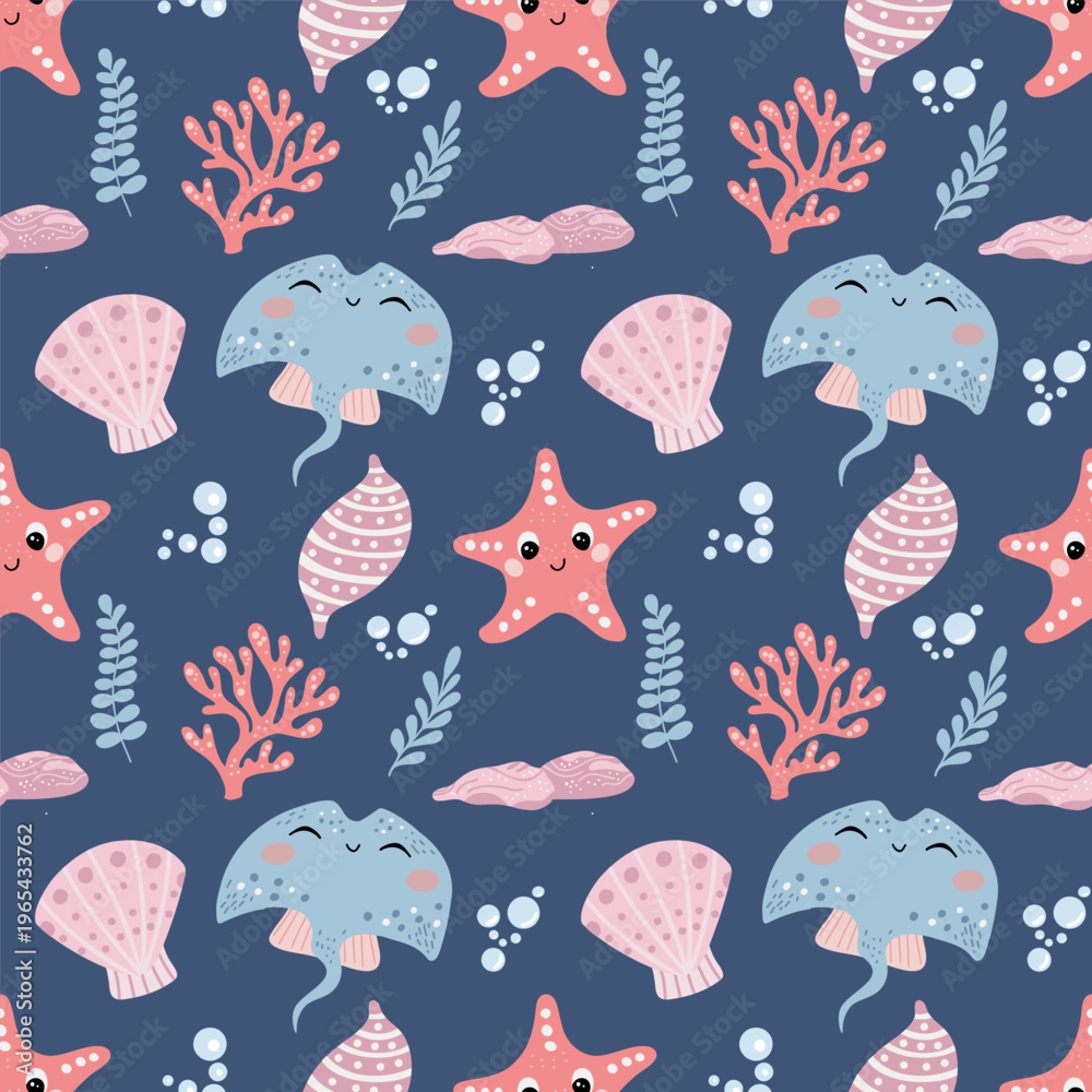 Obraz premium Seamless pattern with cute sea animals, with underwater world design for decorating childrens textiles, wallpaper prints, childrens clothing, bed linen. Vector illustration on blue background