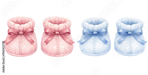 Watercolor baby booties collection illustration, pink and blue newborn shoes with ribbon bows isolated on white background.