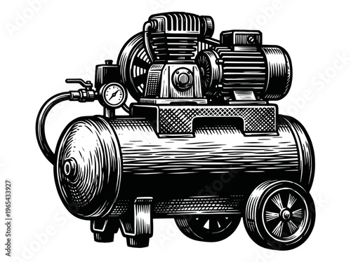 Vintage Air Compressor engraving illustration black and white line art	
