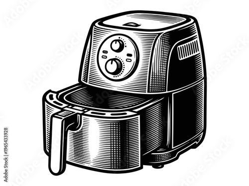 Vintage Air Fryer Engraving Illustration Black and White Line Art