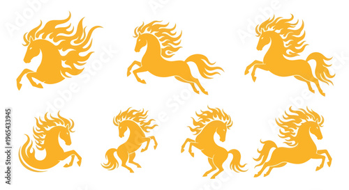 Golden Horses Silhouette with Fiery Manes - Set of 7 Dynamic Poses