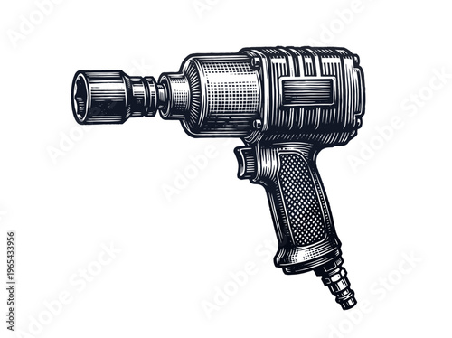 Vintage Air Impact Wrench Engraving Illustration Black and White Line Art