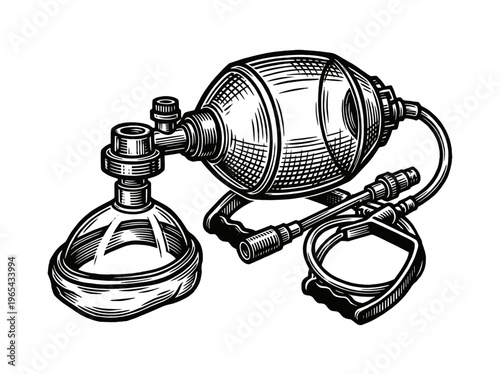 Vintage Bag Valve Mask Engraving Illustration Black and White Line Art