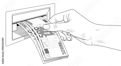 Hand Inserting Euro Banknotes into ATM Slot - Financial Transaction Concept