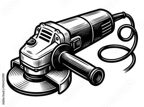 Vintage angle grinder machine Engraving Illustration Black and White Line Art