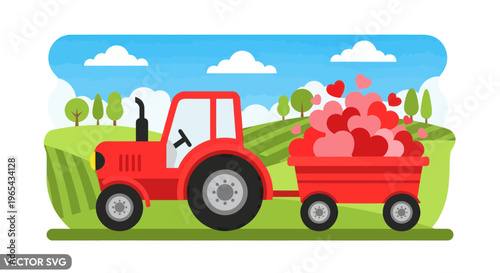 Red Tractor Hauling Trailer Full of Hearts on a Farm Landscape