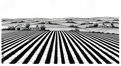 Rural Farm Landscape with Rows of Crops and Houses, Black and White Sketch