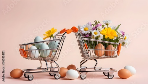 Easter holiday shopping with eggs and spring flowers in decorative carts