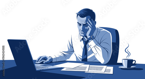 Stressed Businessman Working Late on Laptop with Coffee, Overworked and Tired