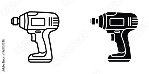Comparison of two differently styled cordless drills in black and white graphic design
