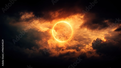 Eclipse occurs during sunset with dark clouds and bright ring of light