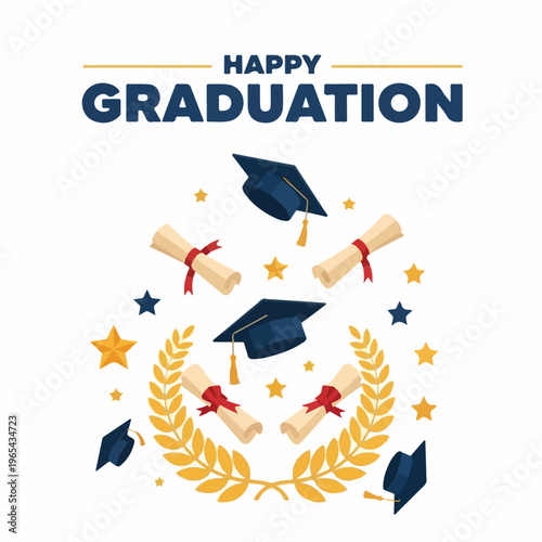 Happy Graduation Vector Poster  Graduation Celebration  Flat Illustration with Navy Blue and Gold