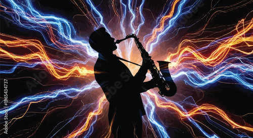 Saxophone player silhouette, neon lights, music performance, jazz concert, colorful illustration