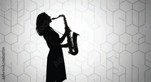 Saxophone player silhouette, music icon, black silhouette, geometric background