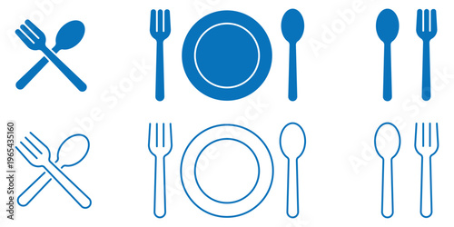 Blue dining sign set featuring fork spoon and plate icons in blue silhouette and outline styles for restaurant caffe kitchen and catering services.