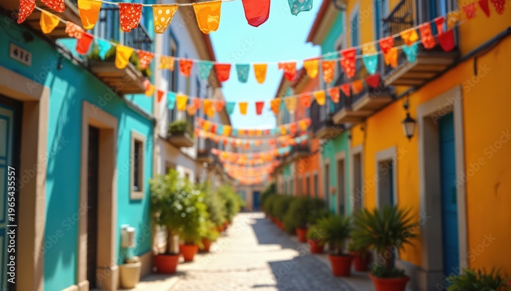 Fototapeta premium Colorful flags adorn a narrow street lined with vibrant houses. Bunting hangs above the lane creating a festive atmosphere. Plants in pots decorate the sidewalk and balconies.