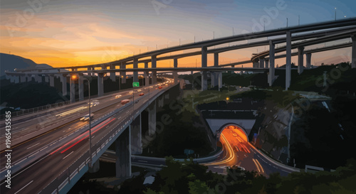 Highway interchange, elevated road, traffic flow, urban landscape, transportation infrastructure