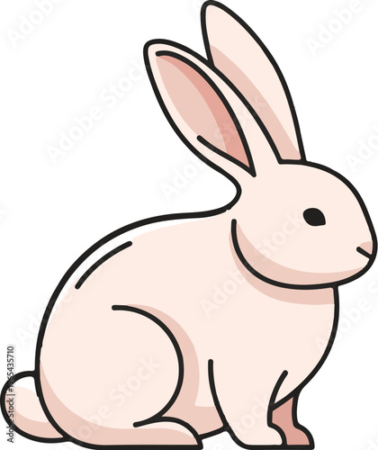 A simplified, light pink cartoon rabbit sits alert, with long ears